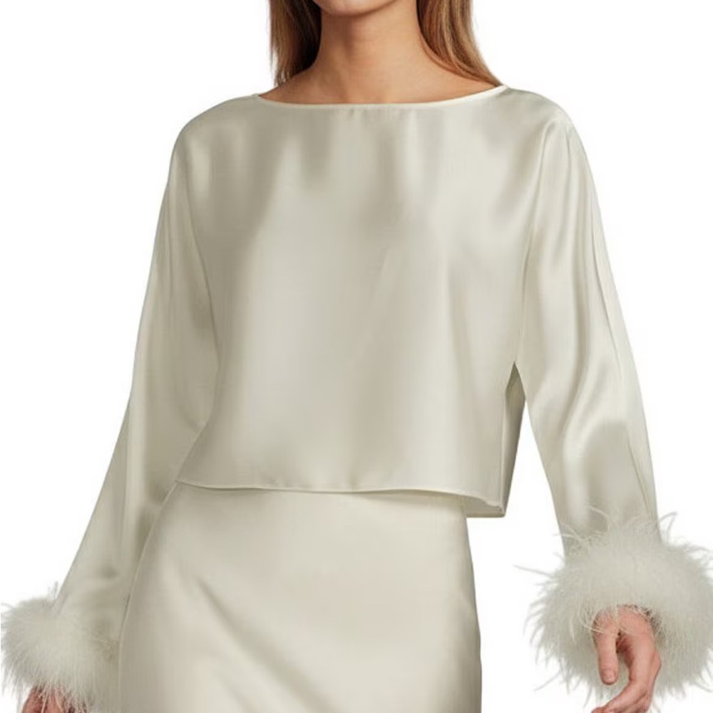 ANTONIO MELANI white Satin Top with Feather Cuffs